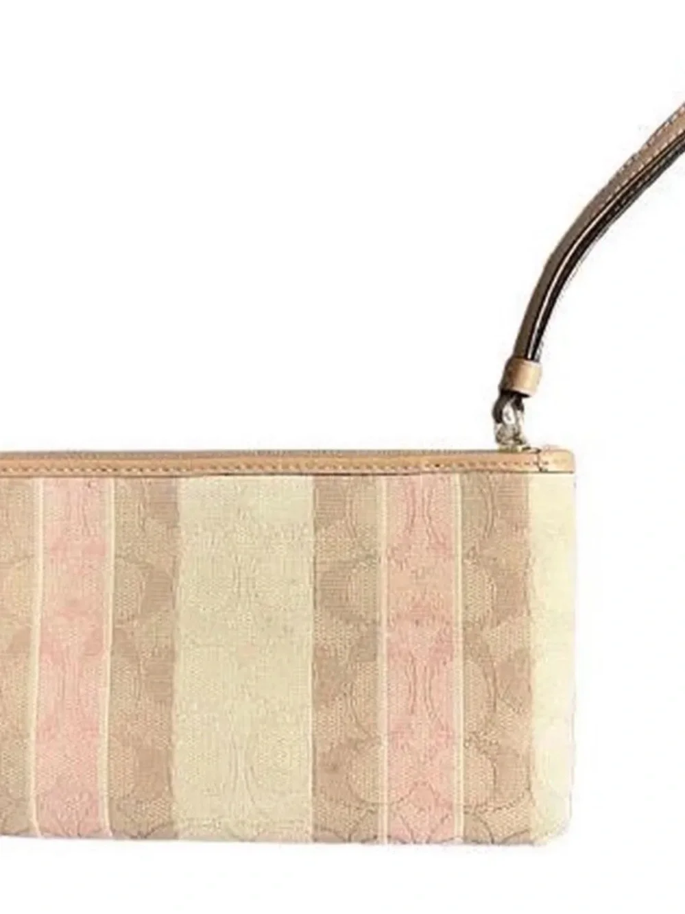 Coach Striped Pink Cream Signature Wristlet with Gold Logo